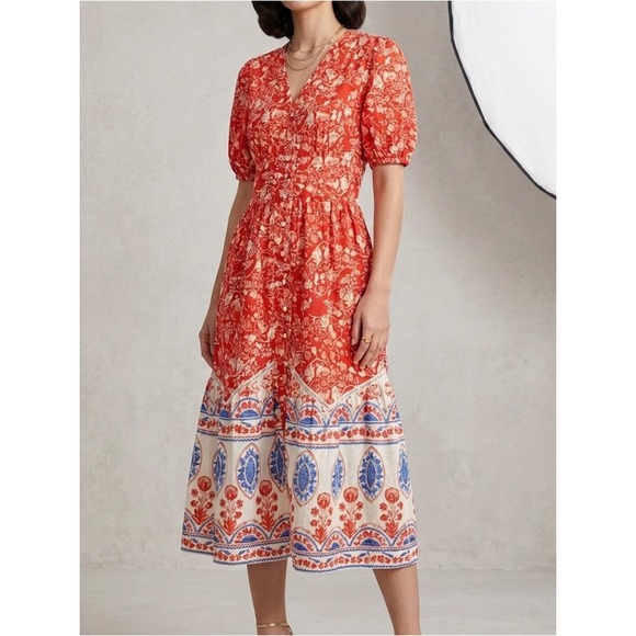 Kalki Koechlin x Max Dresses & Skirts - Kalki Koechlin x Max Midi Dress Womens L Red Floral Boho Puff Sleeve Excellent